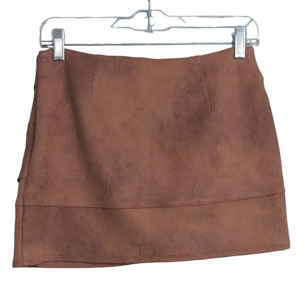 Free People Straight Skirt Women's 4 Brown Solid Mini Tiered Vegan Leather